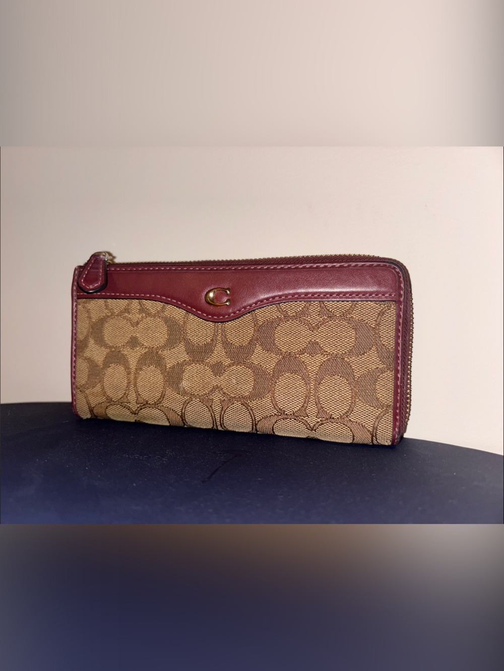 Coach Brown Signature Canvas Wallet with Burgundy Trim
